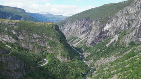 eidfjord and bjoreio river near voringfossen waterfall in vestland, norway - aerial