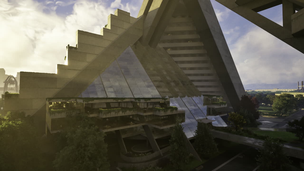 Modern architectural design in a vibrant urban setting during sunset