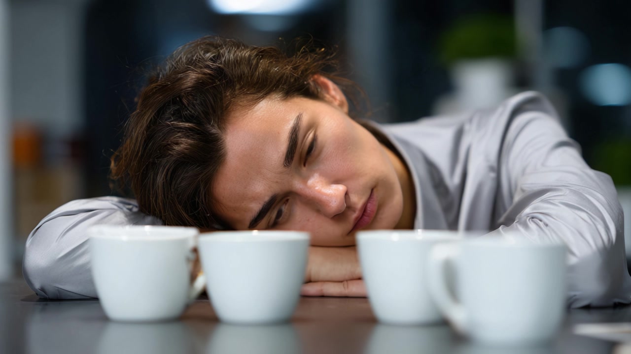 Una persona che appoggia la testa su un tavolo tra diverse tazze di caffè bianche, mostrando sentimenti di stanchezza e contemplazione in un ambiente interno accogliente.