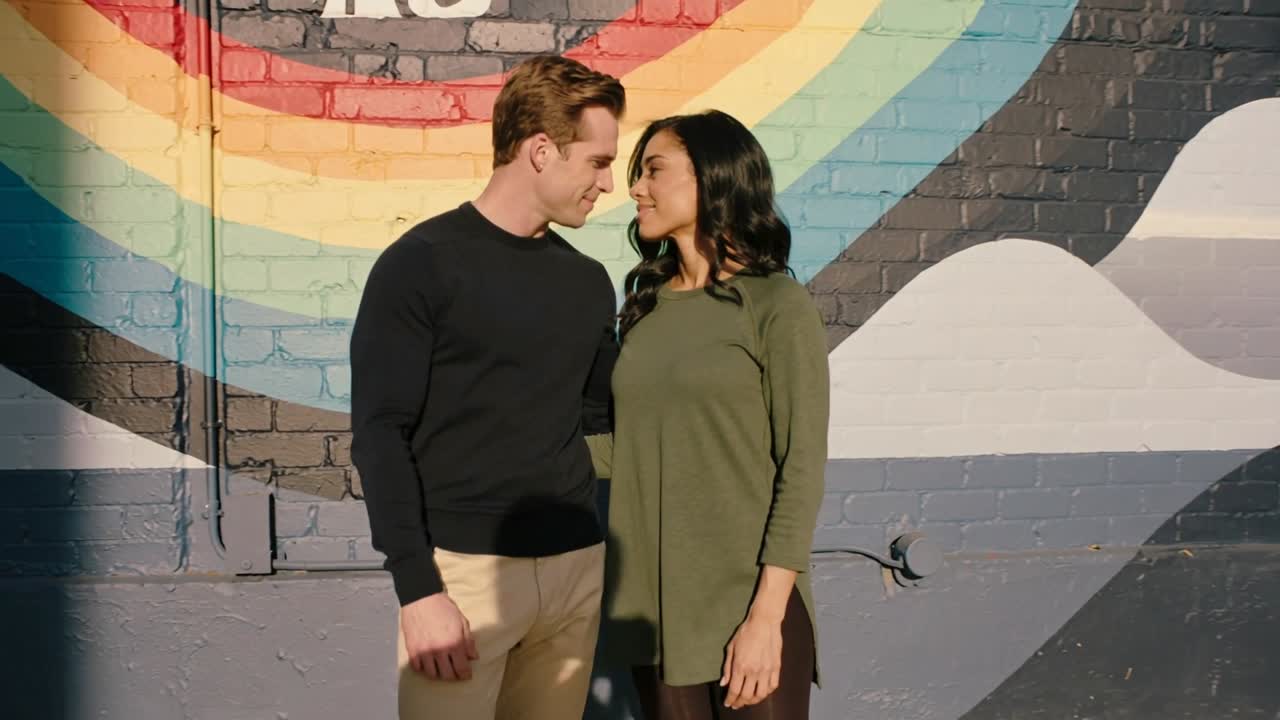 Coppia che si china scambiandosi sguardi e abbracciandosi in una strada cittadina, con un murale arcobaleno che simboleggia l'amore