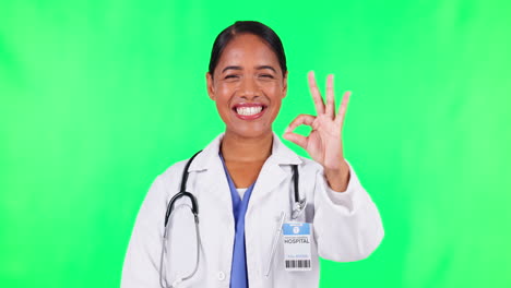 Okay-sign,-woman-and-doctor-on-green-screen