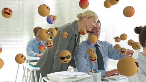 Animation-of-emoji-falling-over-business-people-wearing-phone-headsets