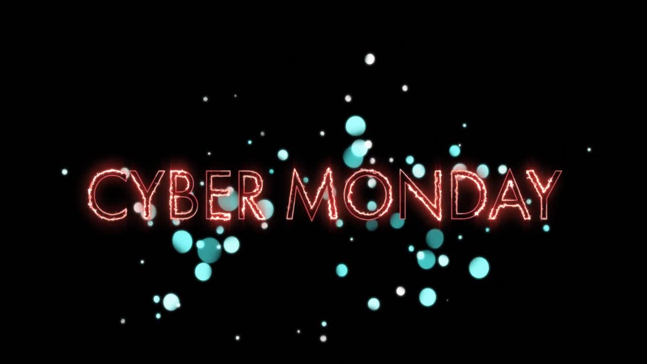 어두운 배경에 파란 점들이 떨어지는 사이버 월요일 텍스트의 애니메이션.