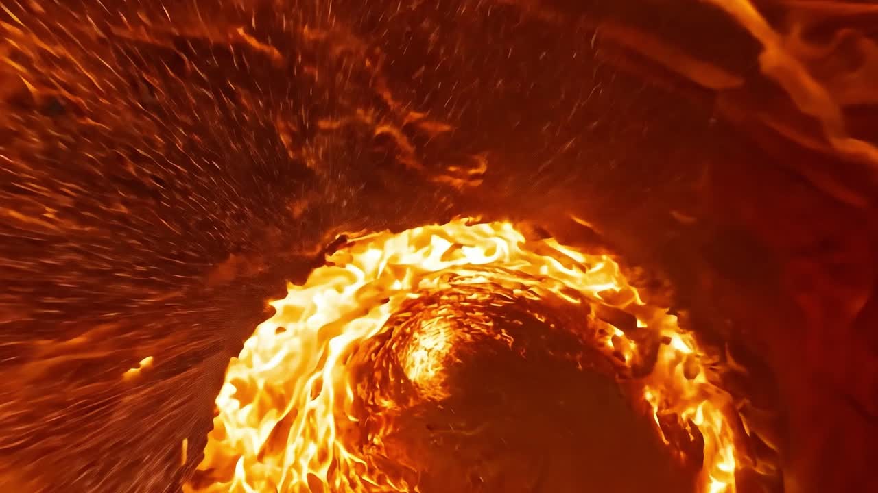 불은 어두운 중심을 가진 회전하는 소용돌이를 만들고, 역동적인 움직임과 오렌지, 빨간색, 노란색의 활기찬 색을 보여줍니다.