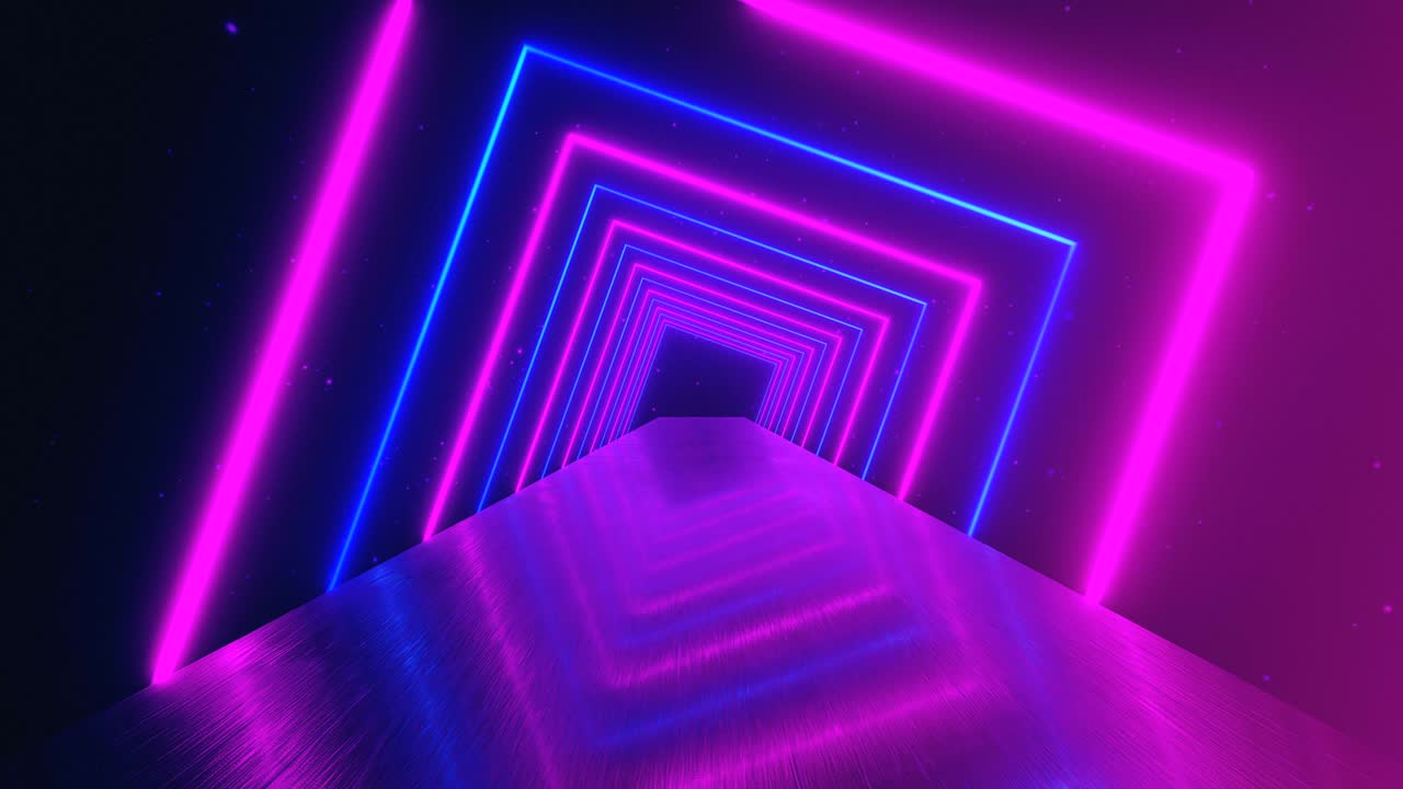 Lentäminen hehkuvien pyörivien neon-neliöiden läpi, jotka muodostavat tunnelin, sininen, punainen, vaaleanpunainen, violetti spektri, fluoresoiva ultraviolettivalo, moderni värikäs valaistus, 4K-silmukka-animaatio.