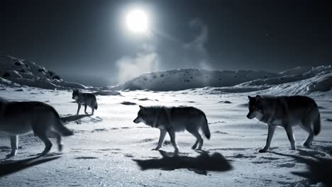 a pack of wolves silhouetted against a moonlit snowy landscape, capturing the essence of nature's raw beauty and the mystique of the night