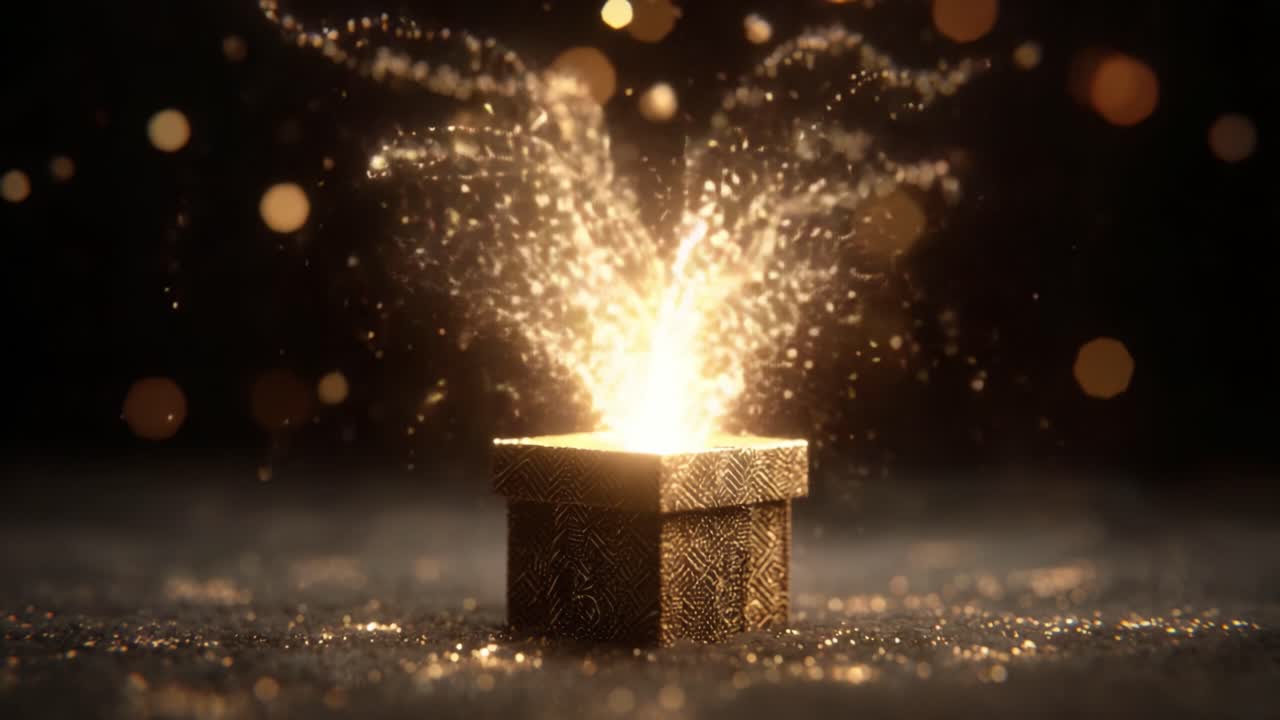 A Magical Golden Gift Box Bursting with Sparkling Light and Energy, Capturing the Essence of Wonder and Joy in Every Glimmering Particle Against a Dark Background