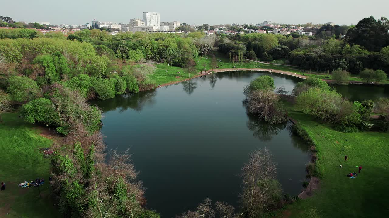 People enjoy Lago do Parque da Cidade in Porto, Portugal, captures the tranquil water and surrounding lush green lawns, highlighting the beauty and serenity of the urban oasis