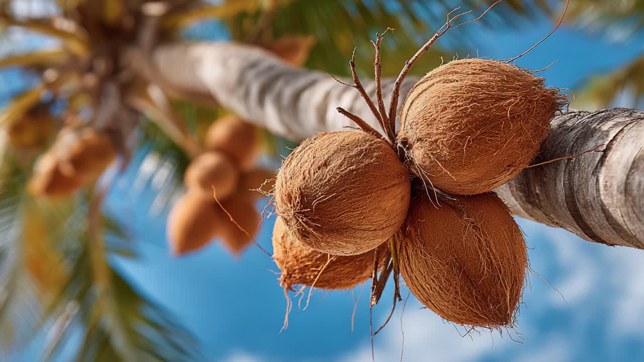 Breathtaking Close-Up of Ripe Coconuts Hanging from a Palm Tree, Showcasing Natural Textures Against Blue Sky Background
