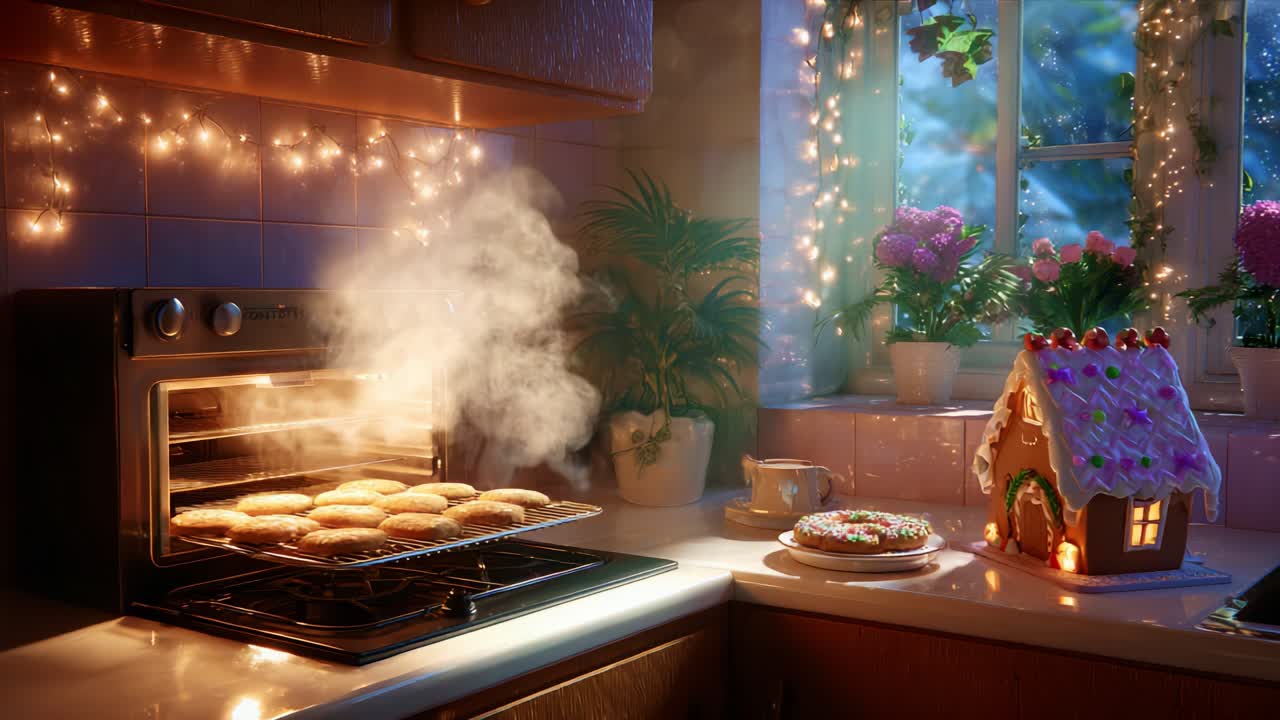 A Cozy Kitchen Scene with Freshly Baked Cookies Emerging from the Oven, Surrounded by Beautiful Decorations and a Charming Gingerbread House, Creating a Warm and Inviting Atmosphere