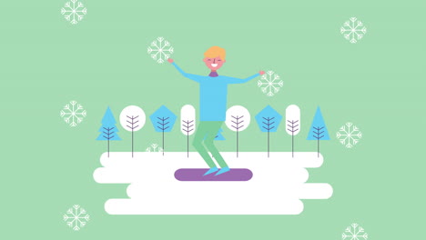 winter-schneescape-szene mit einem mann auf einem snowboard