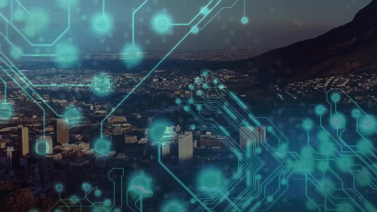 Animazione di circuito integrato su paesaggio urbano