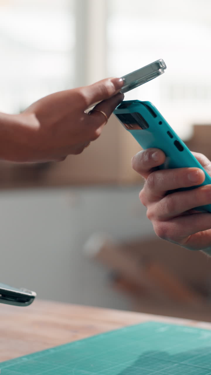 Primo piano di due persone che utilizzano gli smartphone per un'interazione contactless