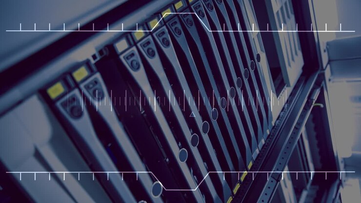 Animation of digital interface and lines over servers