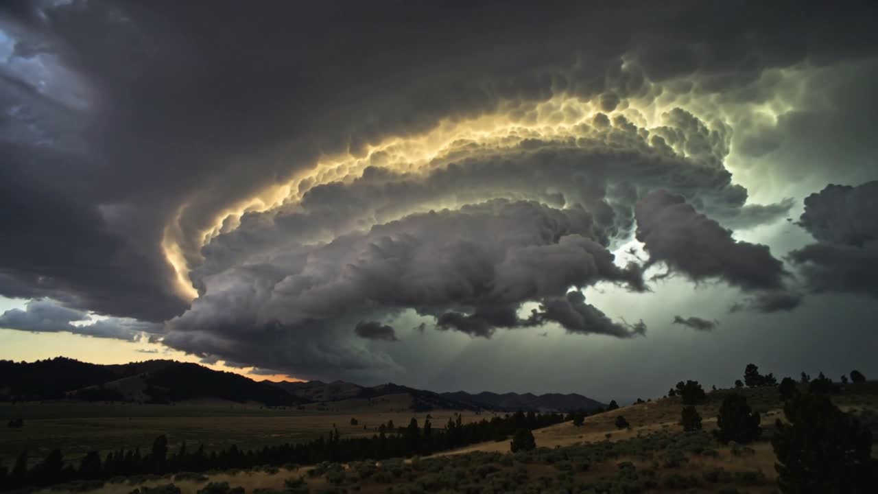 Sporer en kerne, der driver en roterende hyldesky over en græsklædt dal, viser gylden kant og mammatus.