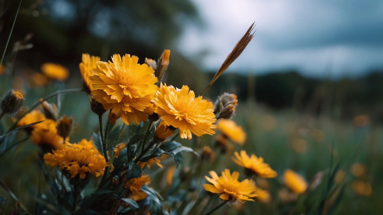 Una vibrante esposizione di fiori selvatici gialli illumina il paesaggio sotto un cielo leggermente nuvoloso, catturando l'essenza della bellezza della natura in un ambiente tranquillo