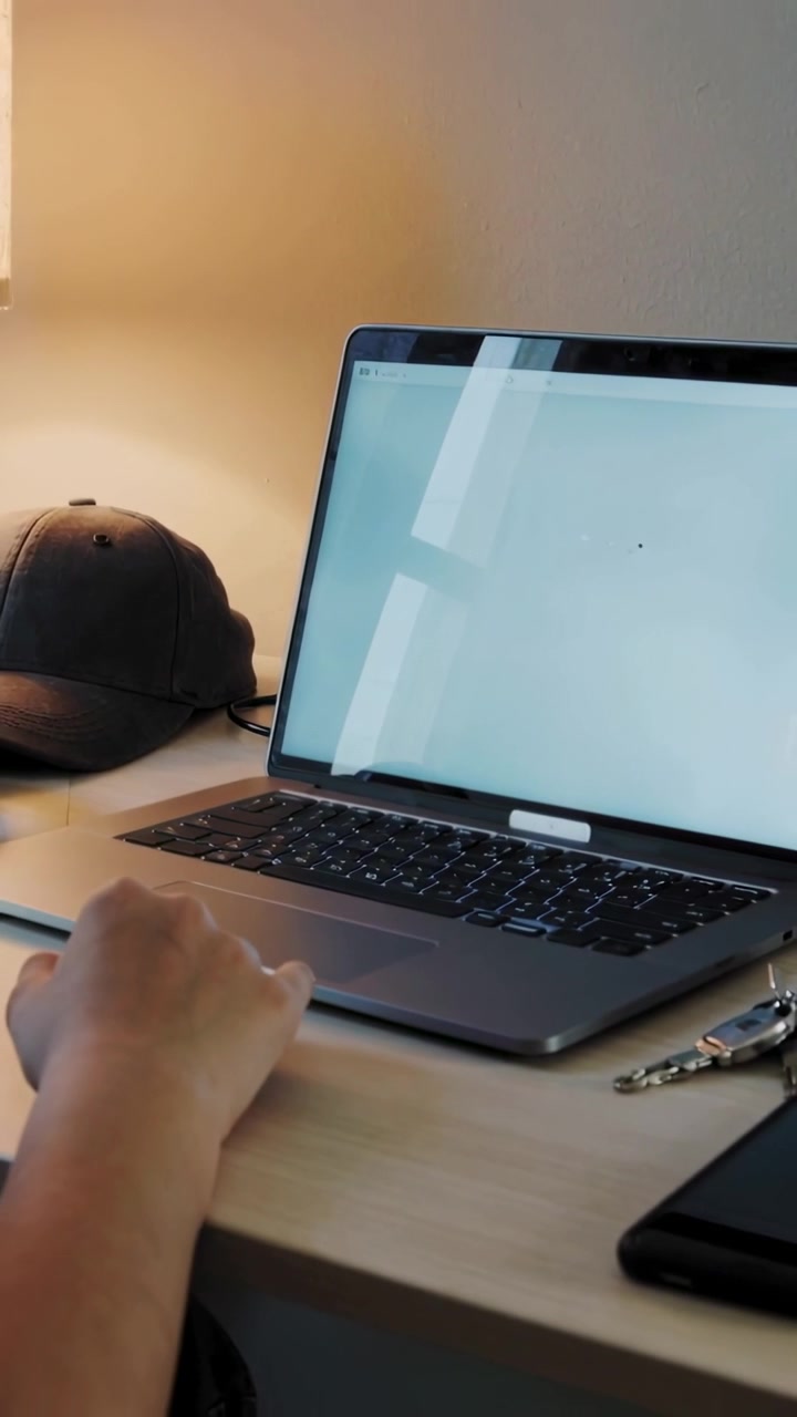Video verticale: Mano sinistra che si allunga e inizia a scorrere il trackpad del laptop sulla scrivania, con lampada e chiavi.