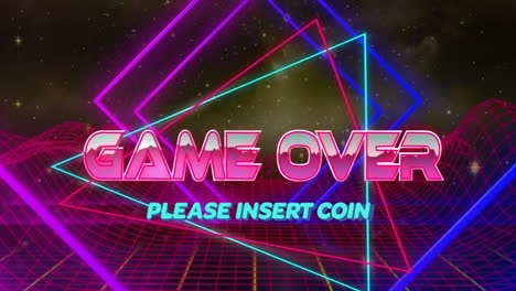 game over text animation with ''please insert coin'' over neon geometric shapes