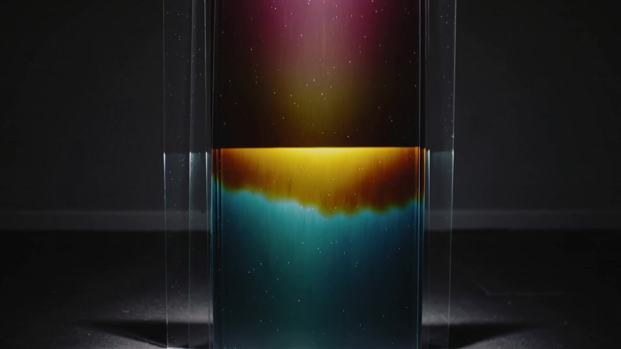 Descending amber fluid meeting teal layer in studio column, creating luminous midband and gradient