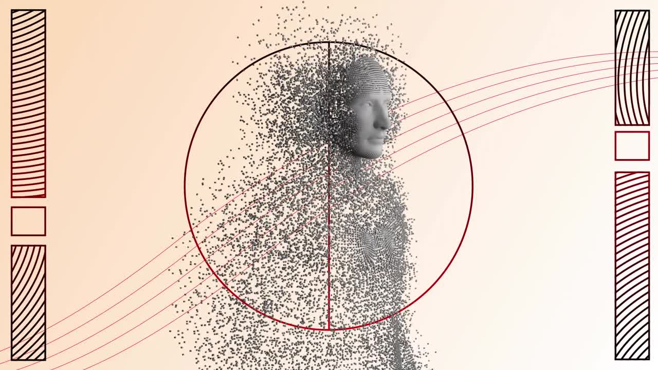 animación del cuerpo humano formada con partículas explosivas y figuras geométricas en un fondo brillante