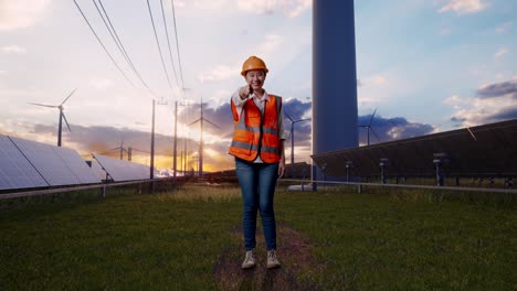 full body of asian female engineer with safety helmet smiling and touching her chest then pointing at you with solar panel and wind turbines