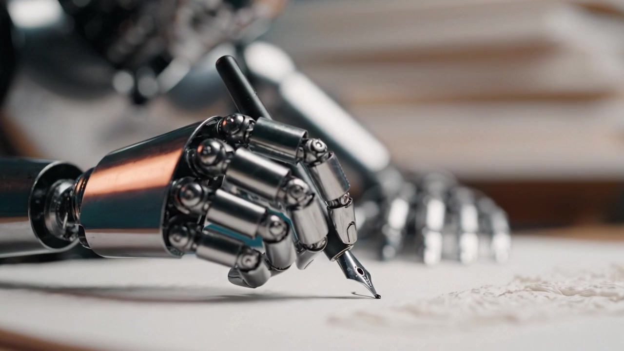 En robotkunstner skaber indviklede designs på papir med præcision og detalje, mens den udtrykker sig kunstnerisk gennem avanceret teknologi.