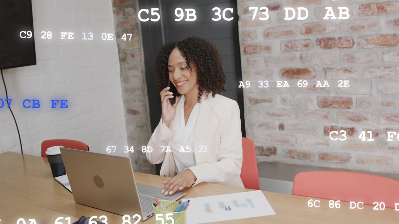 Woman tapping phone, answering business call, reviewing charts with code overlay tracking taps