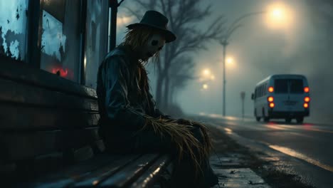 Scarecrow figure sitting on a bench in a foggy night scene with passing vehicles and streetlights