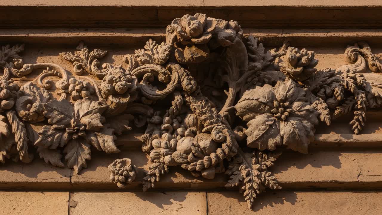 Panning camera revealing stone relief on facade, accentuating fruit basket, grape clusters and rose