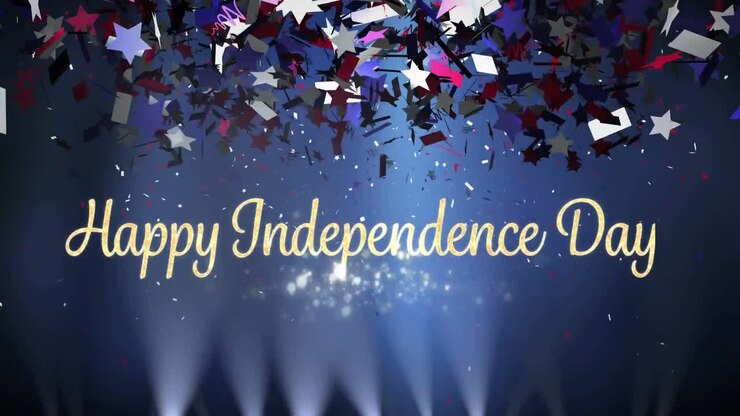 Happy Independence Day greeting with lights and confetti