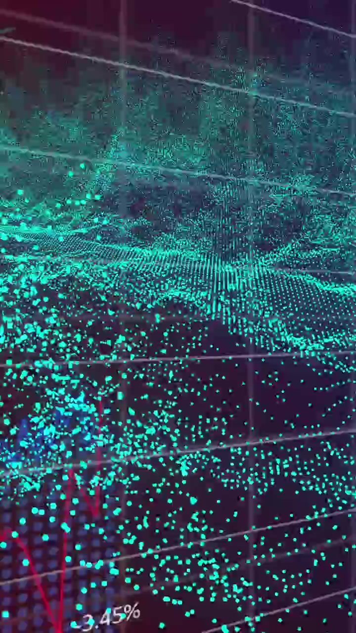 Animation of spots and digital wave over statistical data processing on purple gradient background