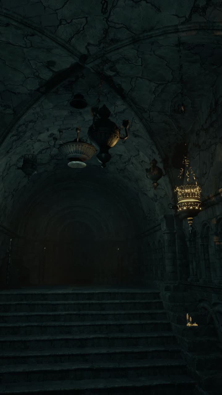 The dimly lit castle interior reveals a grand staircase ascending into darkness