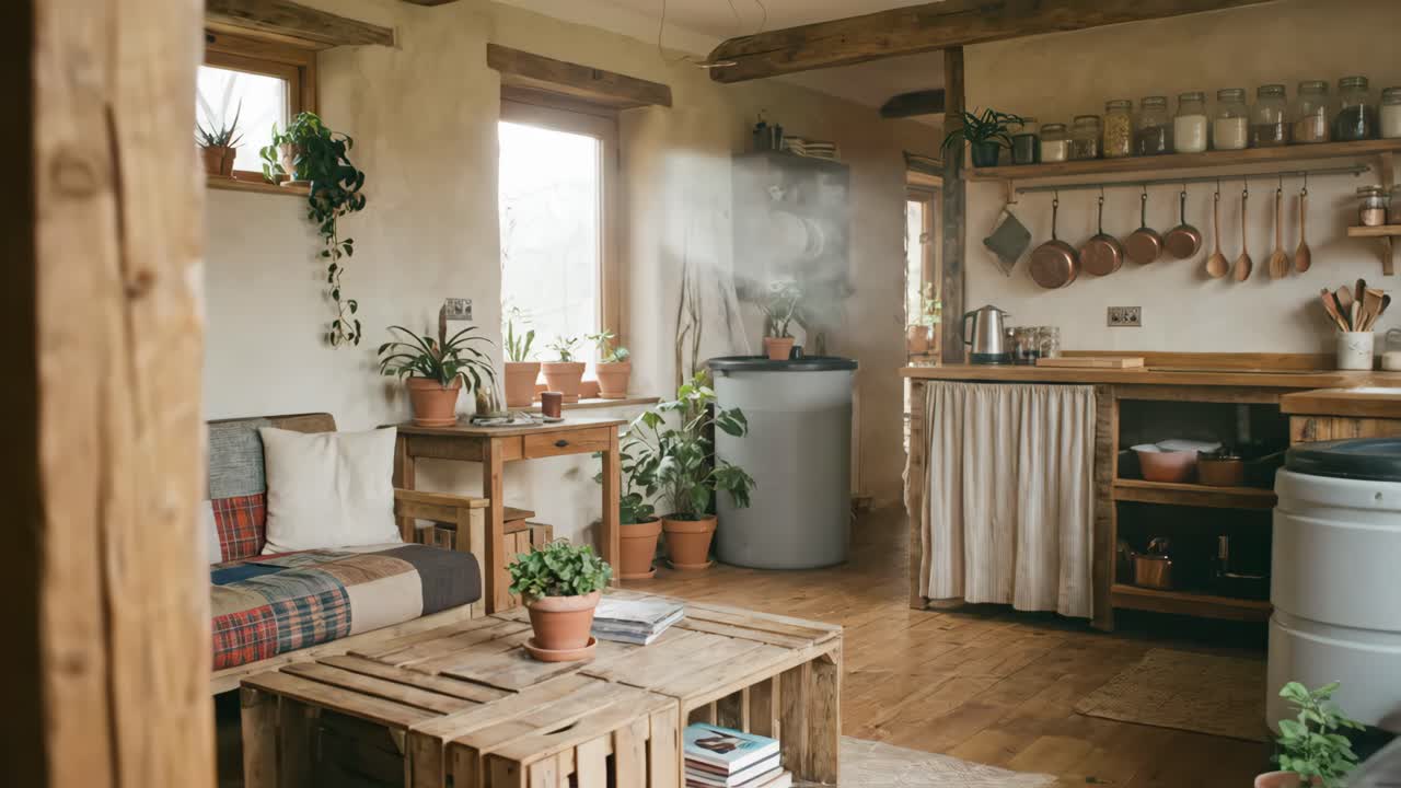 Gezellig rustiek huisinterieur met keuken, woonkamer en potplanten
