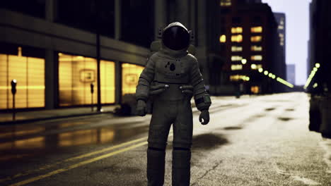 astronaut walking alone on an empty city street during twilight hours