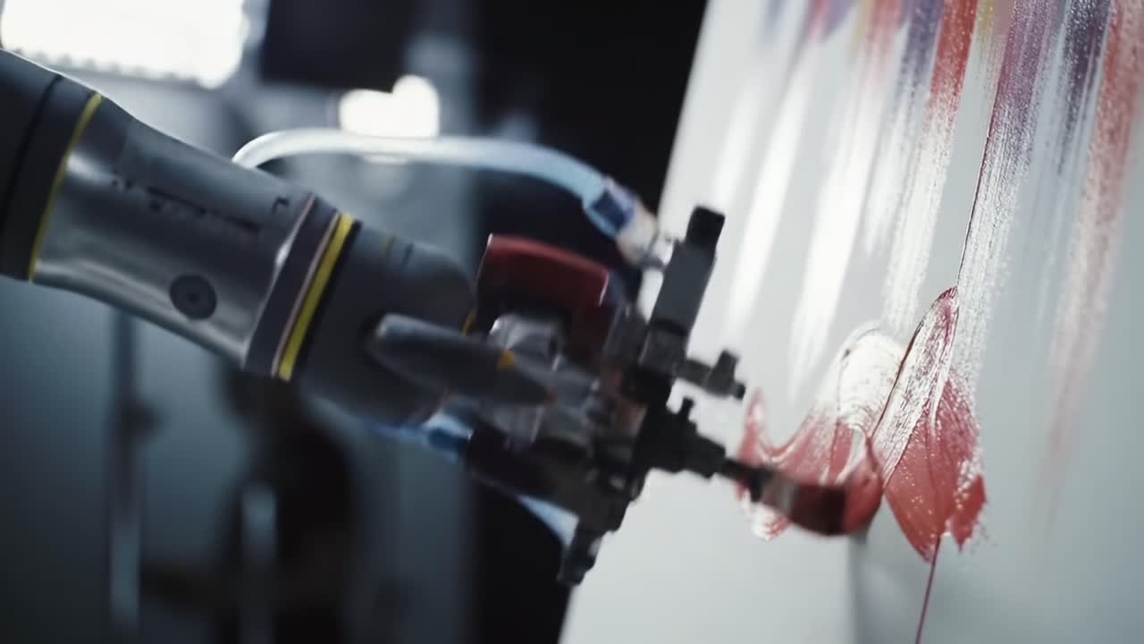 An Advanced Robotic Arm Skillfully Applies Vibrant Paint to Canvas in a Captivating Art Creation Process, Merging Technology with Artistic Expression