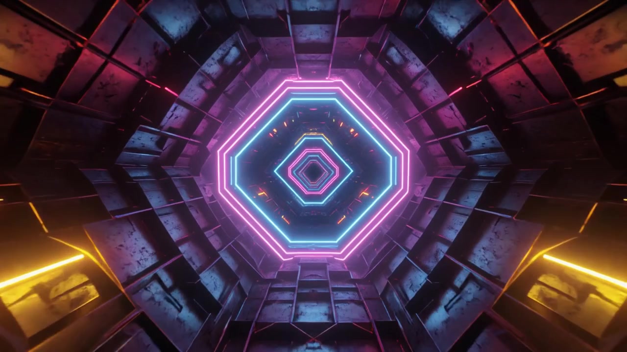 Futuristic Tunnel with Glowing Neon Octagonal Lights