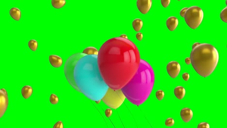 Animation-Von-Bunten-Luftballons,-Die-Vor-Grünem-Hintergrund-Fliegen