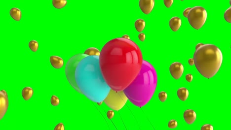 animation of multicolored balloons flying against green background