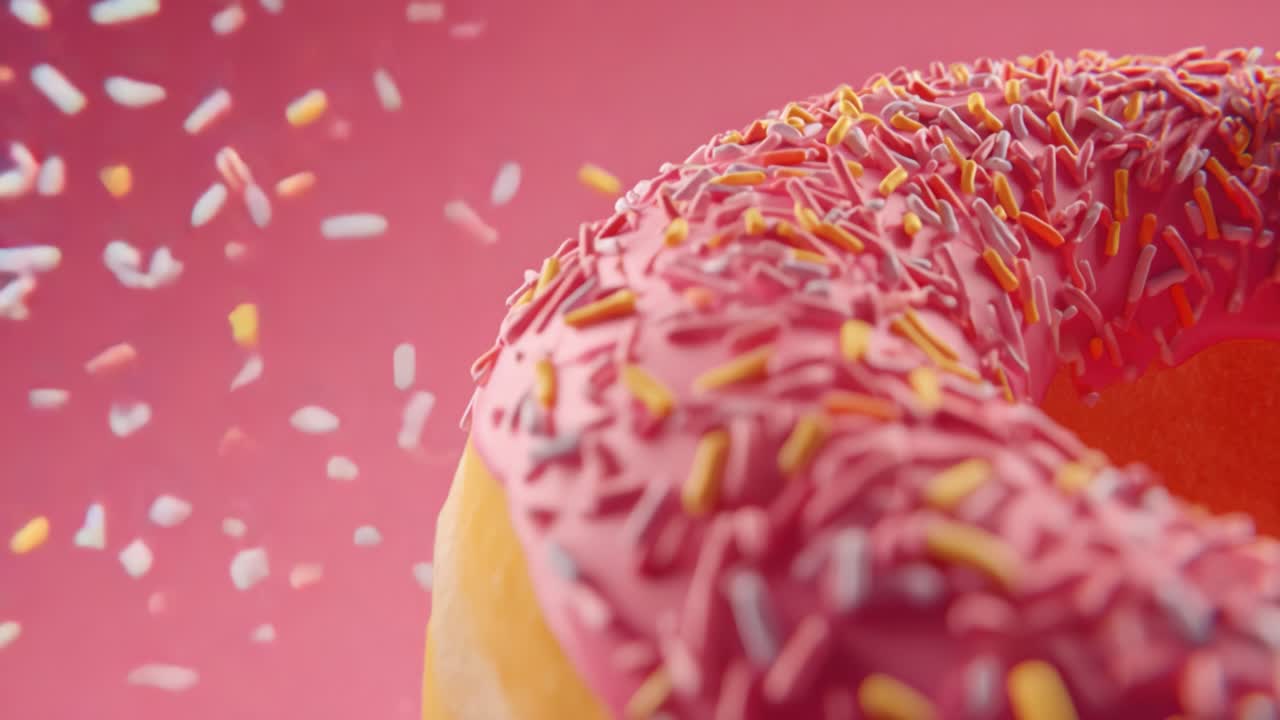 A Delicious Close-up of a Colorful Sprinkled Doughnut Against a Vibrant Pink Background, Capturing the Sweetness and Texture in Stunning Detail