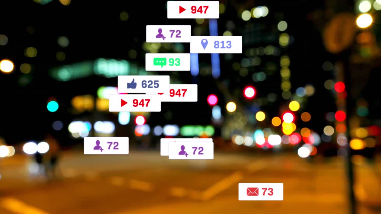 도로 교통과 도시 풍경에 대한 소셜 미디어 아이콘과 숫자의 애니메이션