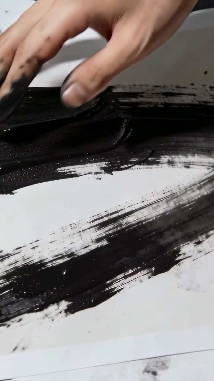 Fingerspidser berører vådt pigment, højre hånd presser og trækker for at sprede og glatte maling.