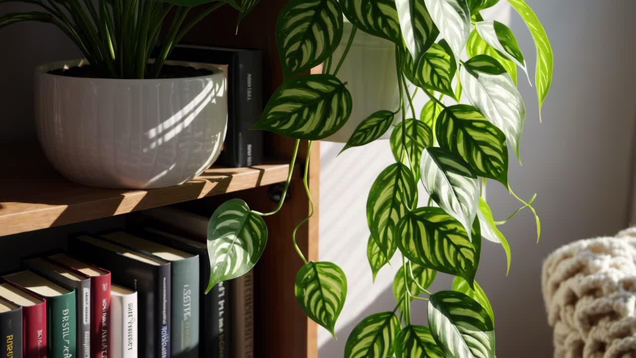 Cozy Home Decor with Plants and Books on a Bookshelf