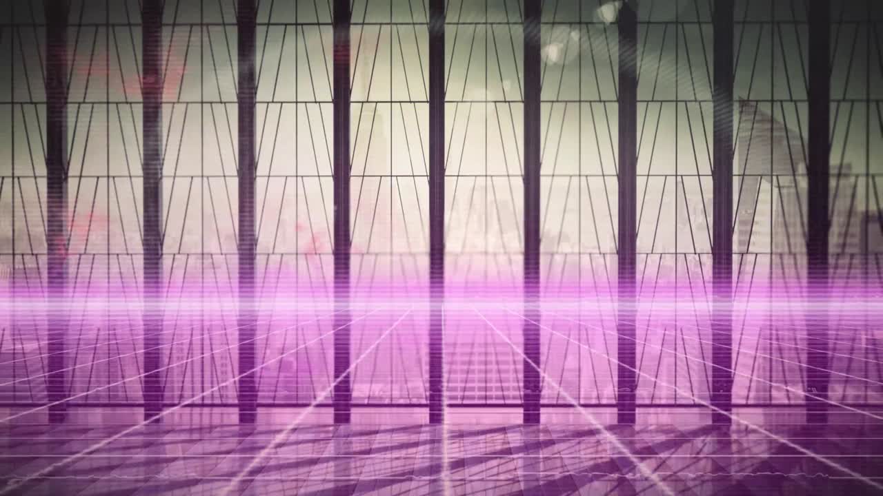 animación de luz puprle brillante sobre la ventana con el paisaje urbano.