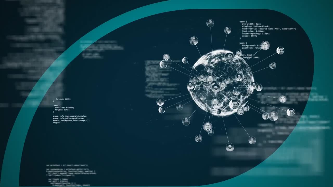 추상적인 배경에 대한 컴퓨터 언어를 통해 전 세계 프로필 사진의 애니메이션