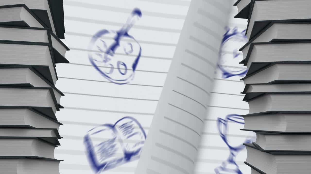 Animation of stacks of books against page turning effect over school concept icons