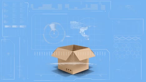 animación del procesamiento estadístico sobre una caja de cartón sobre fondo azul