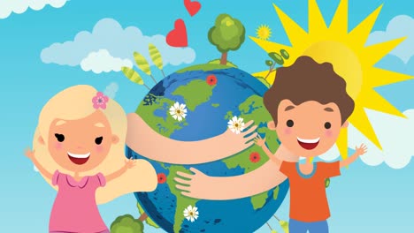 animación de pictograma de un niño y una niña sobre el planeta tierra con brazos alrededor y el sol en fondo azul