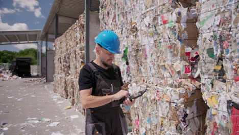 man with tablet controls paper bales at recycling plant, medium shot