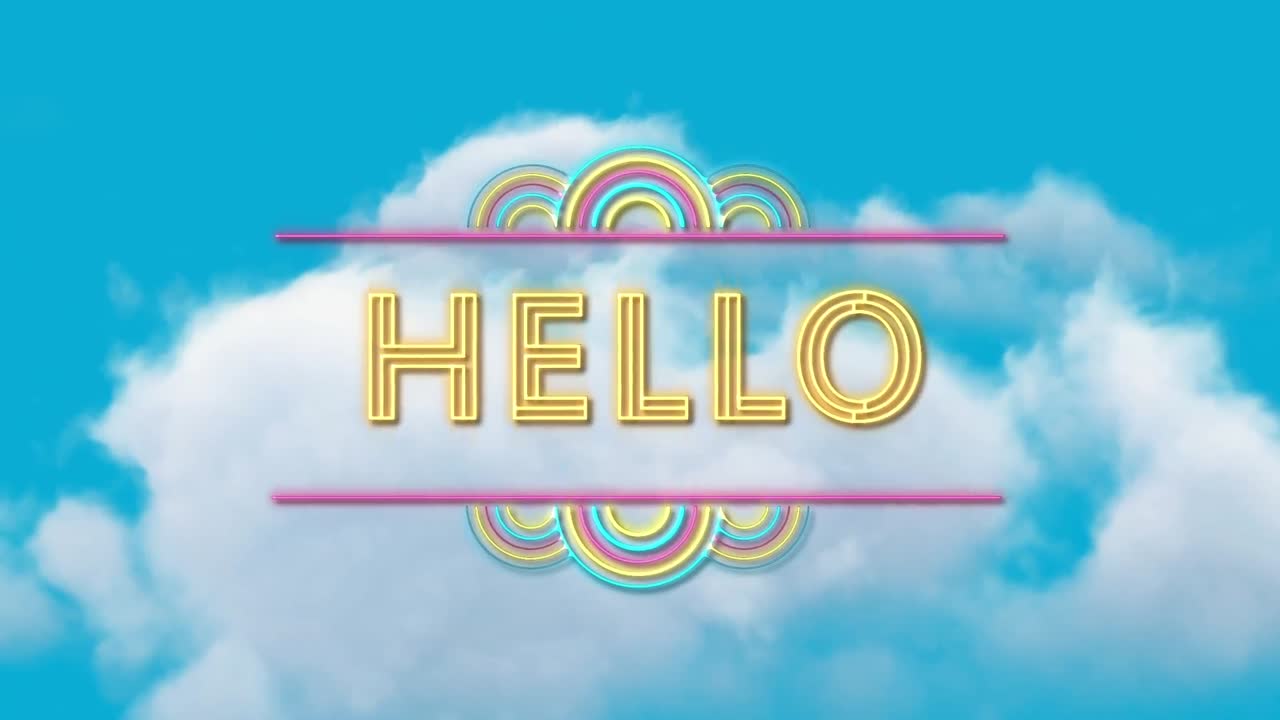 구름이 있는 하늘 위의 안 ⁇ 하세요 텍스트의 애니메이션