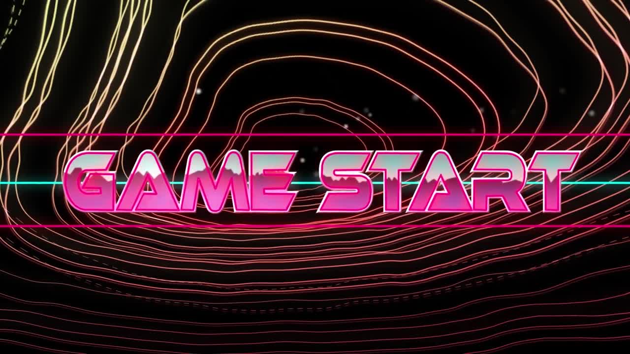 검은색 배경의 빛 트레일 위에 게임 시작 텍스트의 애니메이션